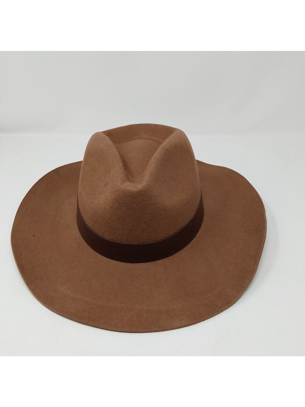 Brown Wide Brim Felt Rancher Fedora Hat Western Boho Faux Leather Band